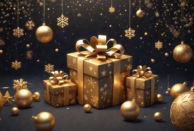 The primary subject of the image is a gold-colored gift box with a bow on top, placed on a blue surface. The setting is a festive environment, possibly a holiday celebration, as there are multiple gold balls and snowflakes surrounding the gift box. The visual style is a combination of photo and digital art, creating a realistic yet decorative appearance. The colors and mood of the image are warm and celebratory, with the gold tones and snowflakes adding a touch of elegance and fest